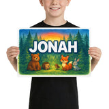 Jonah Name Art - Forest Friends personalized wall print for kids