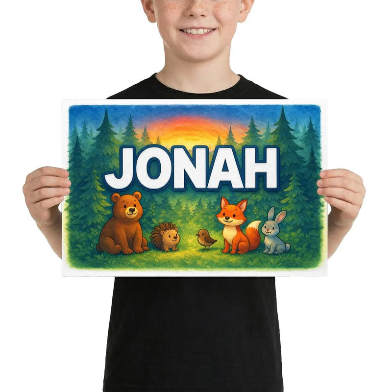 Jonah Name Art - Forest Friends personalized wall print for kids