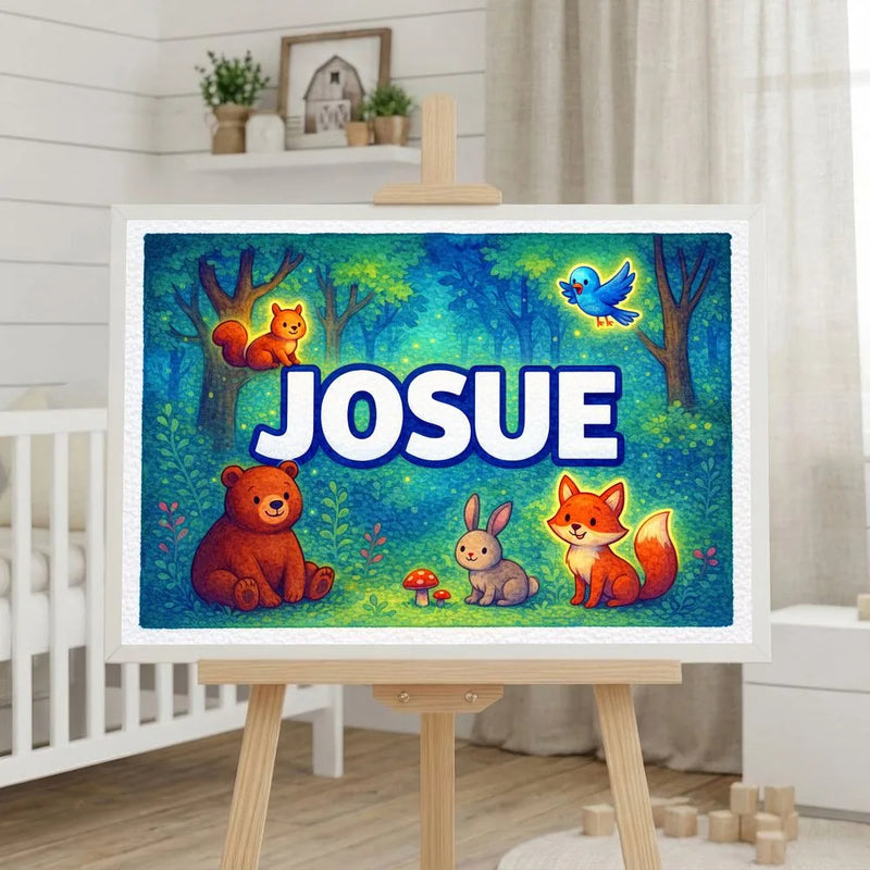 Josue Name Art - Forest Friends personalized wall print for kids
