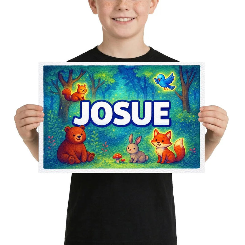 Josue Name Art - Forest Friends personalized wall print for kids