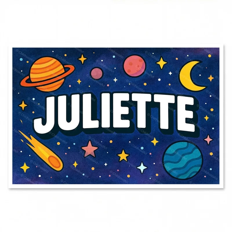 Juliette Name Art - Space Explorers personalized wall print for kids