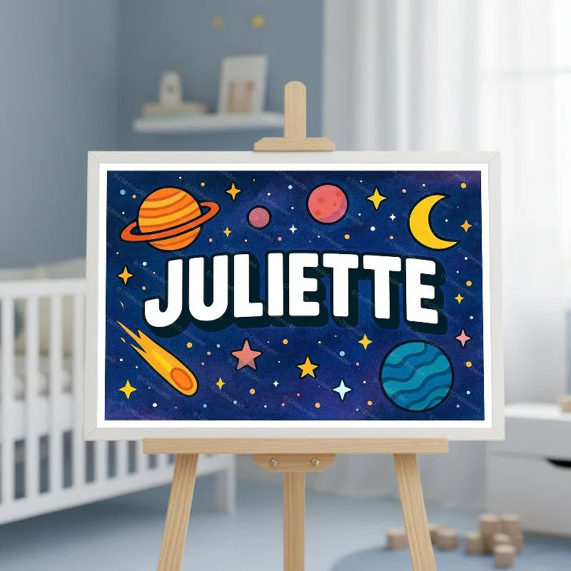 Juliette Name Art - Space Explorers personalized wall print for kids