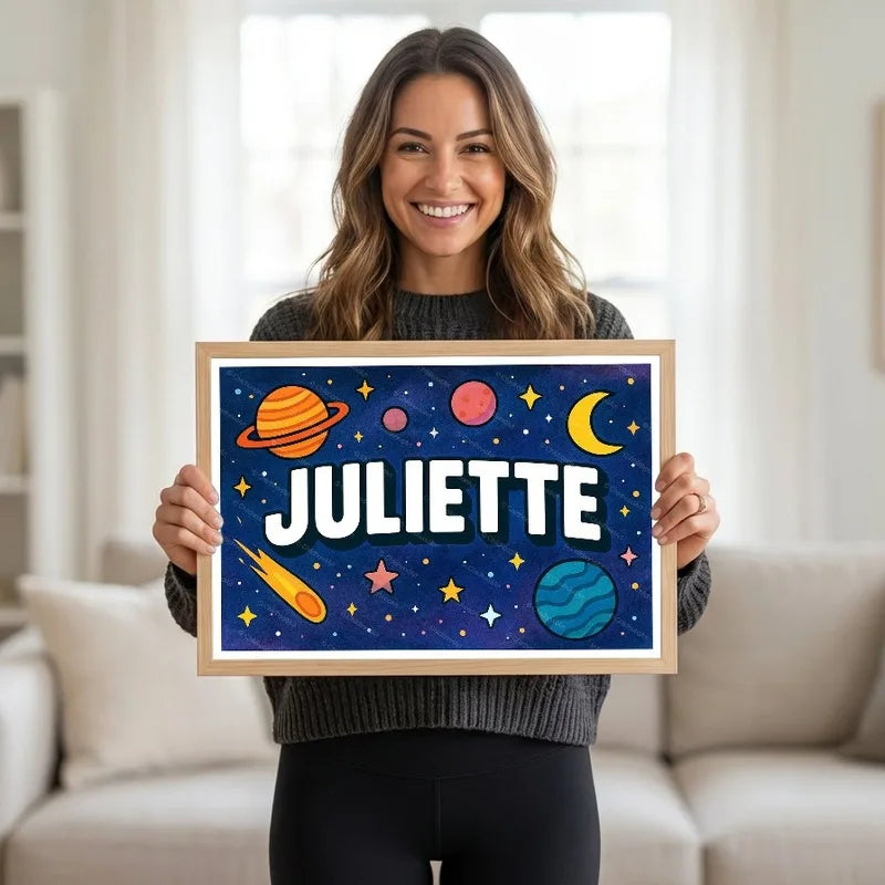 Juliette Name Art - Space Explorers personalized wall print for kids