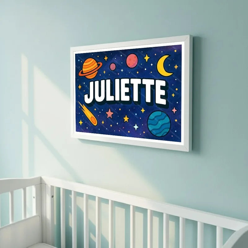 Juliette Name Art - Space Explorers personalized wall print for kids