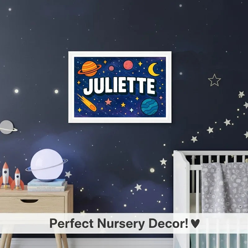 Juliette Name Art - Space Explorers personalized wall print for kids