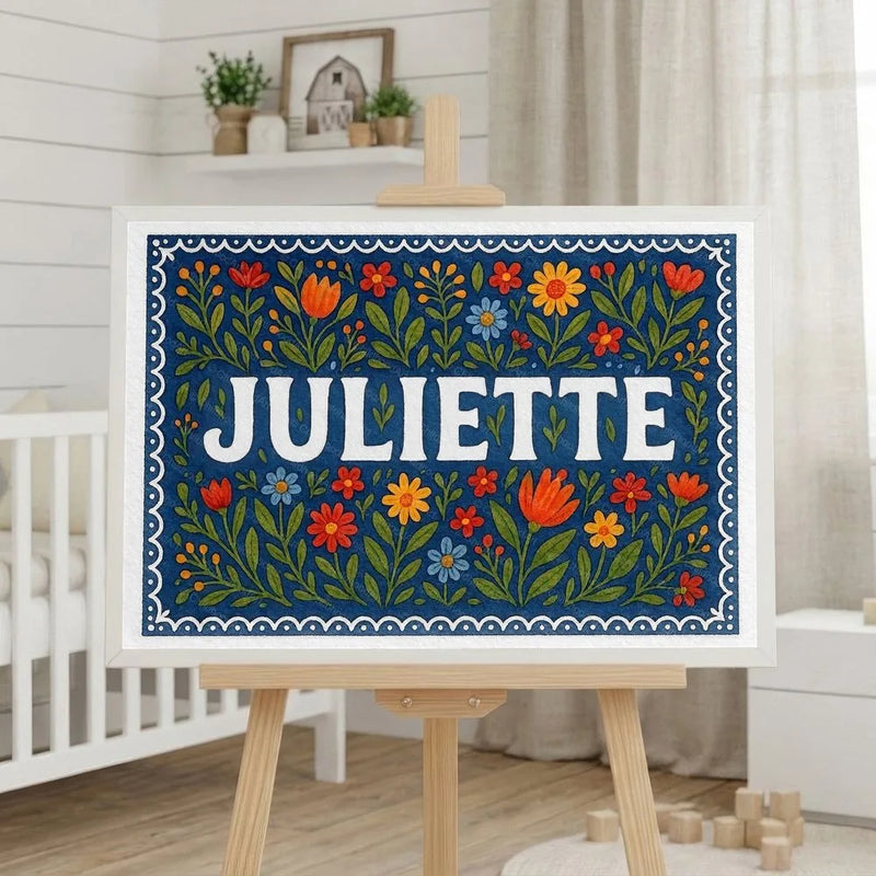 Juliette Name Art - Floral Farmhouse personalized wall print for kids