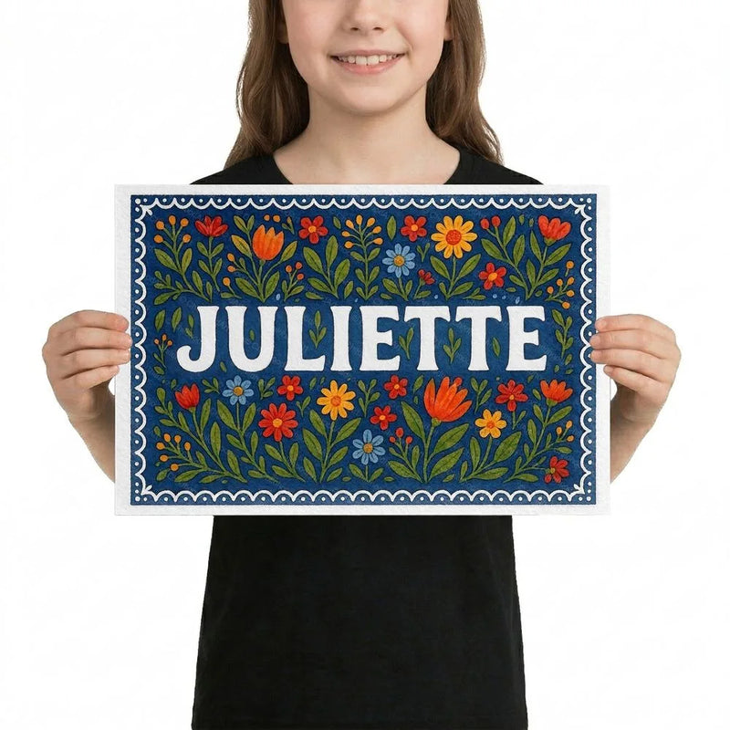 Juliette Name Art - Floral Farmhouse personalized wall print for kids
