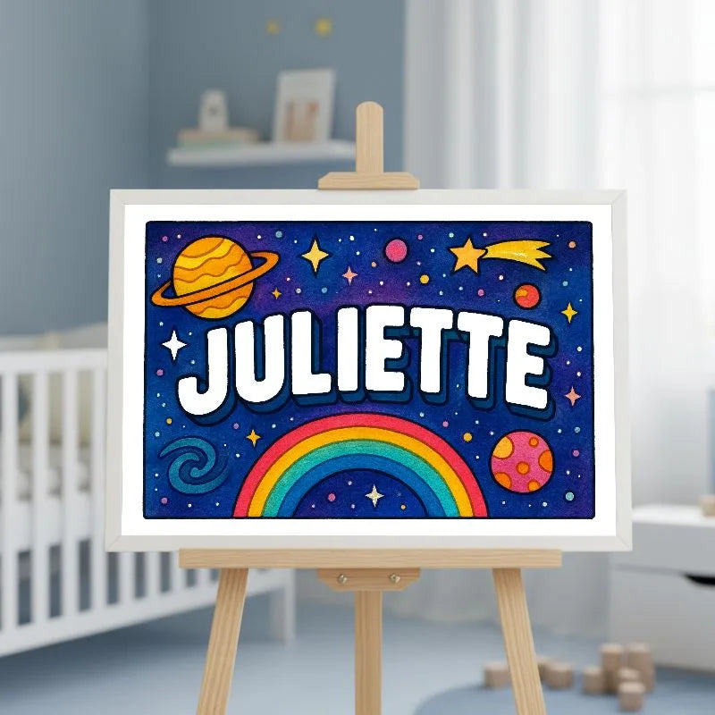 Juliette Name Art - Space Explorers personalized wall print for kids