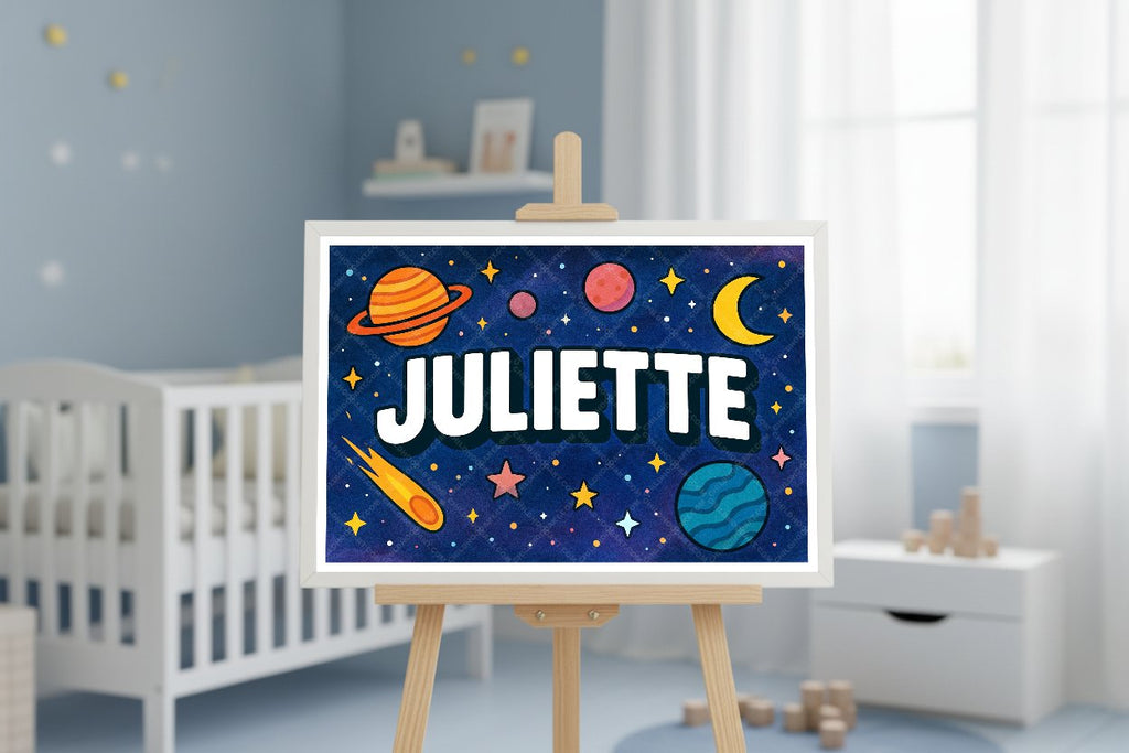 Personalized space nursery art for kids – Juliette name print