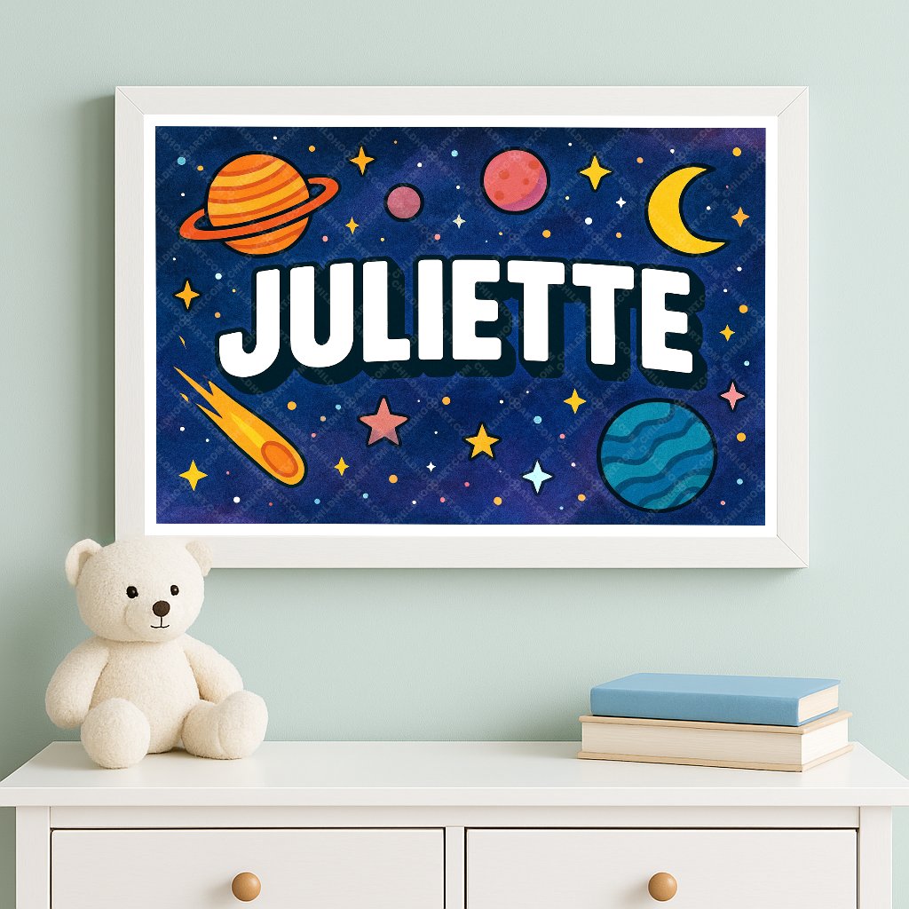 Personalized space nursery art for kids – Juliette name print