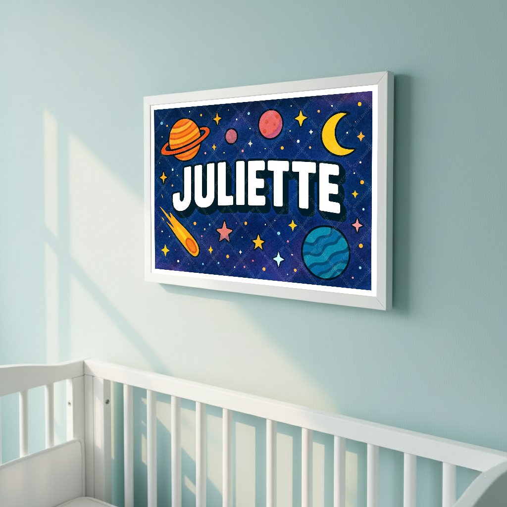Personalized space nursery art for kids – Juliette name print