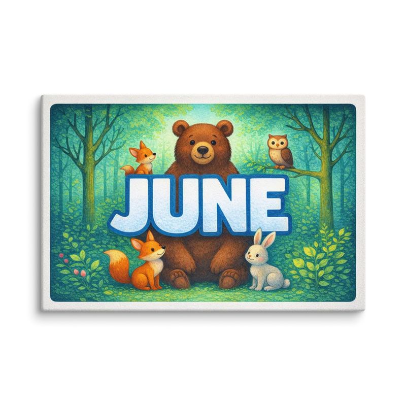June Name Art - Forest Friends personalized wall print for kids