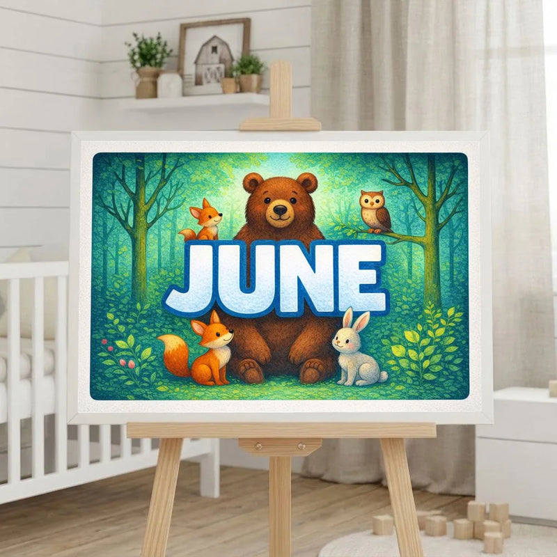 June Name Art - Forest Friends personalized wall print for kids