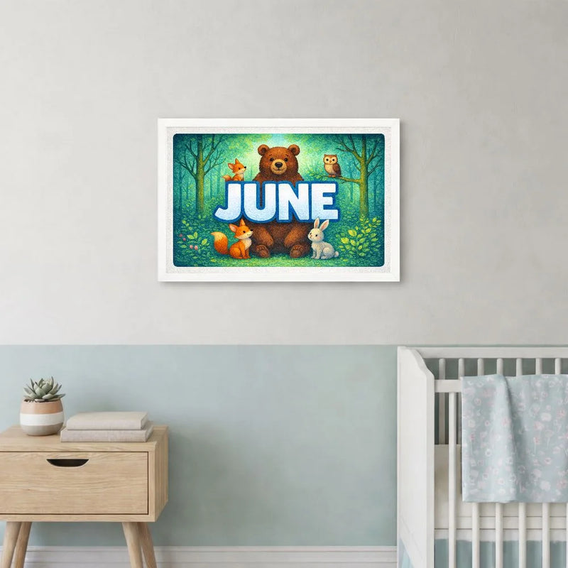 June Name Art - Forest Friends personalized wall print for kids
