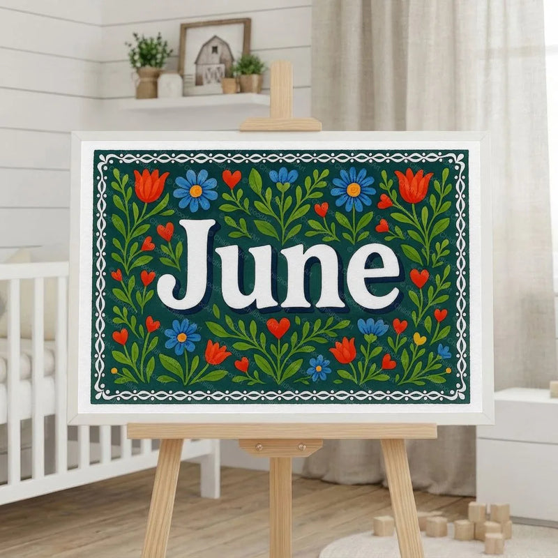 June Name Art - Floral Farmhouse personalized wall print for kids