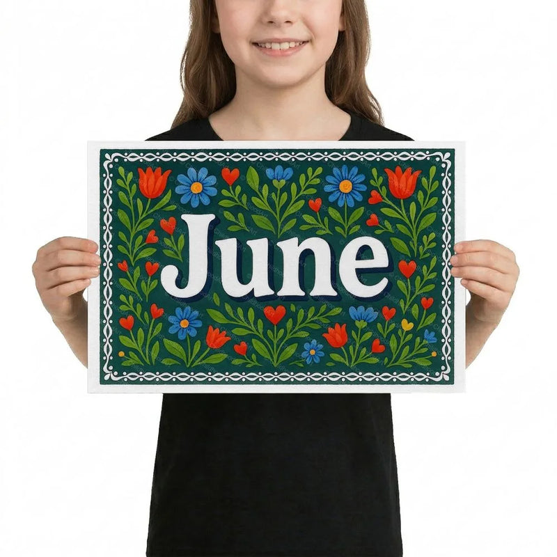 June Name Art - Floral Farmhouse personalized wall print for kids