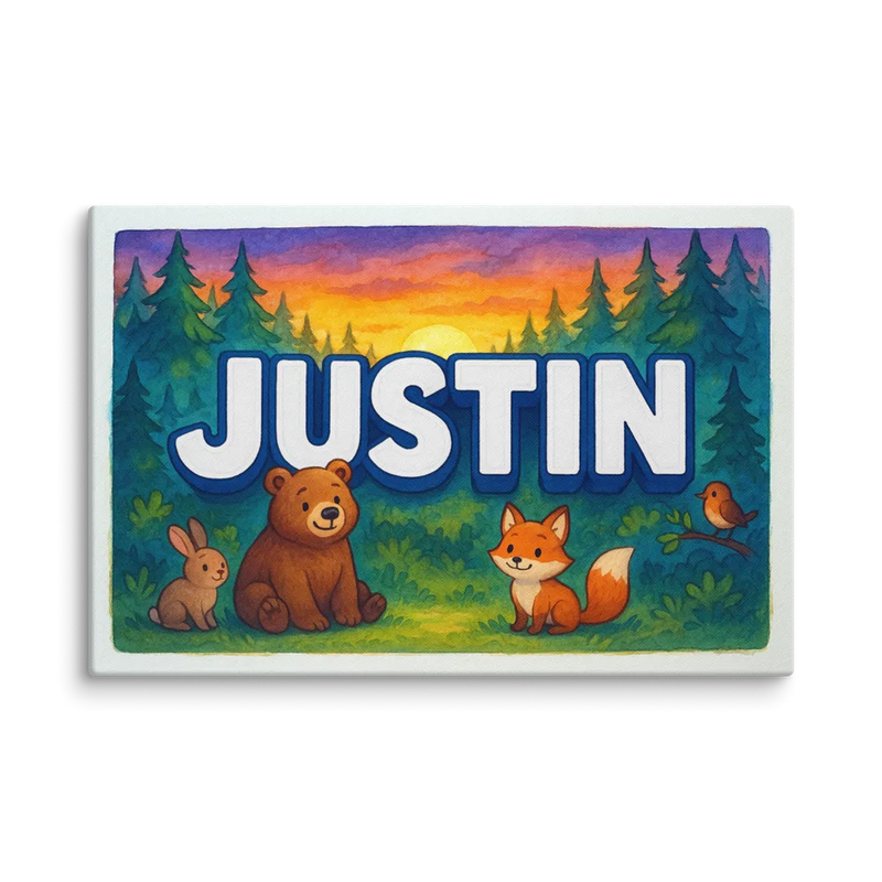 Justin Name Art - Forest Friends personalized wall print for kids