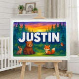 Justin Name Art - Forest Friends personalized wall print for kids