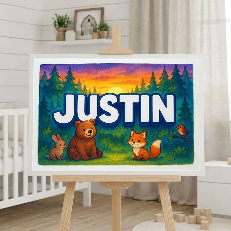 Justin Name Art - Forest Friends personalized wall print for kids