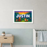 Justin Name Art - Forest Friends personalized wall print for kids