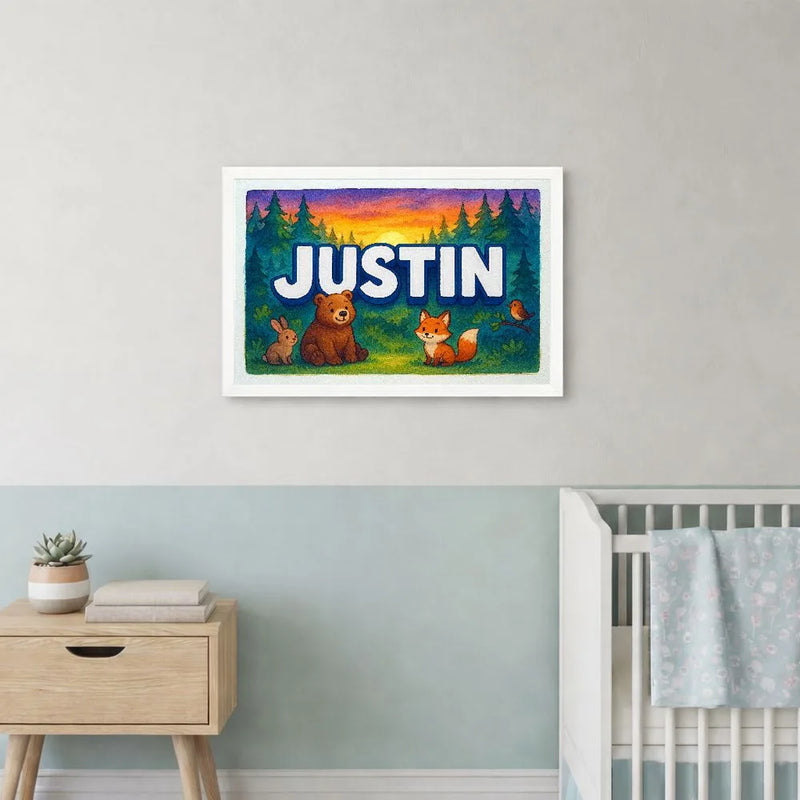 Justin Name Art - Forest Friends personalized wall print for kids