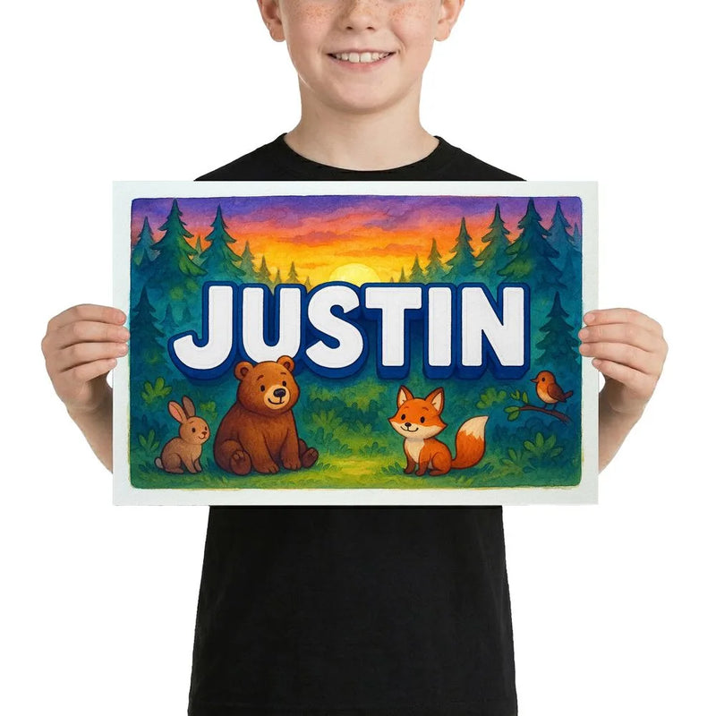 Justin Name Art - Forest Friends personalized wall print for kids