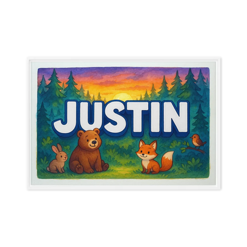 Justin Name Art - Forest Friends personalized wall print for kids