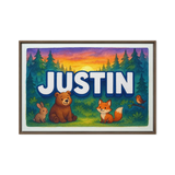 Justin Name Art - Forest Friends personalized wall print for kids