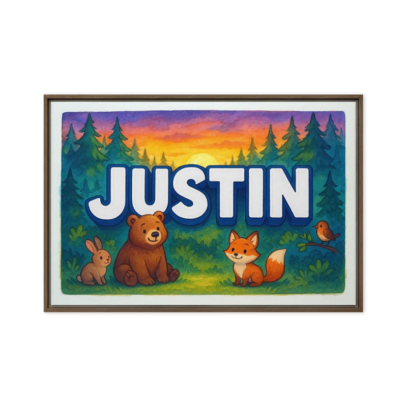 Justin Name Art - Forest Friends personalized wall print for kids