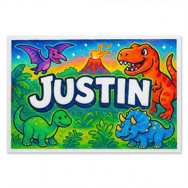 Justin Name Art - Dinosaur Adventure personalized wall print for kids