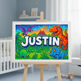 Justin Name Art - Dinosaur Adventure personalized wall print for kids