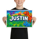 Justin Name Art - Dinosaur Adventure personalized wall print for kids