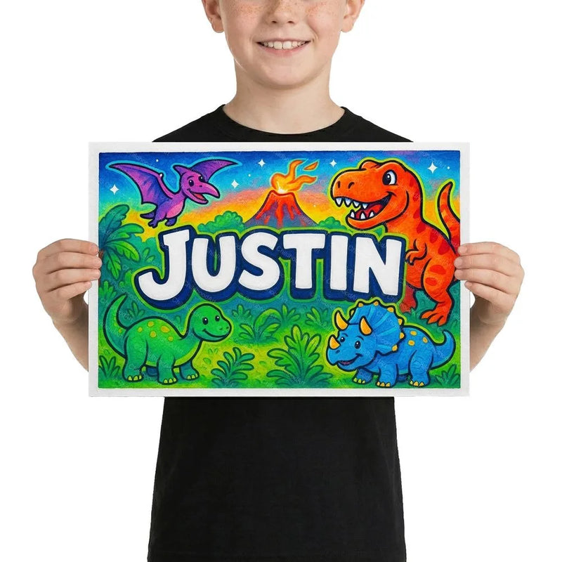 Justin Name Art - Dinosaur Adventure personalized wall print for kids
