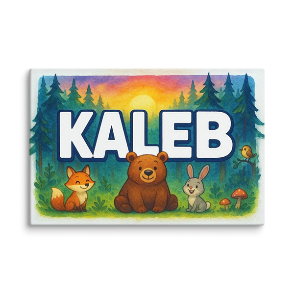 Forest friends themed name art featuring Kaleb
