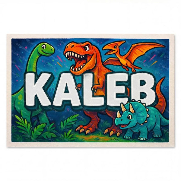 Personalized Kaleb name art print in the Dinosaur adventure style