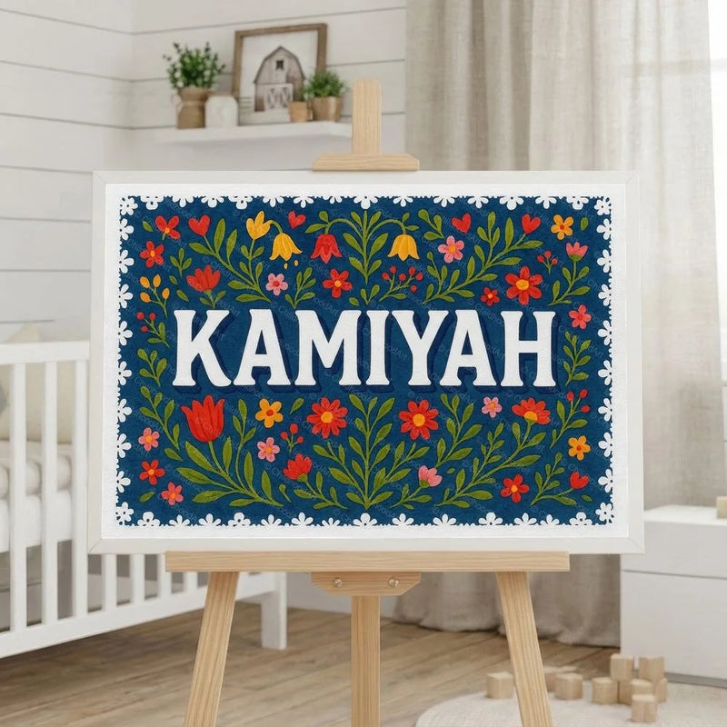 Kamiyah Name Art - Floral Farmhouse personalized wall print for kids