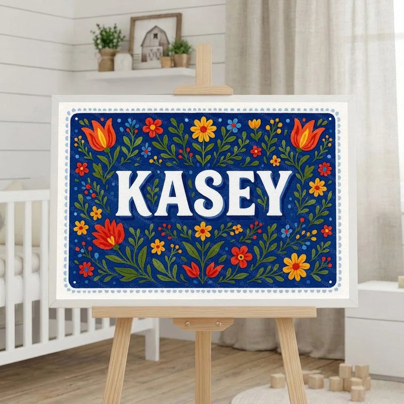 Kasey Name Art - Floral Farmhouse personalized wall print for kids