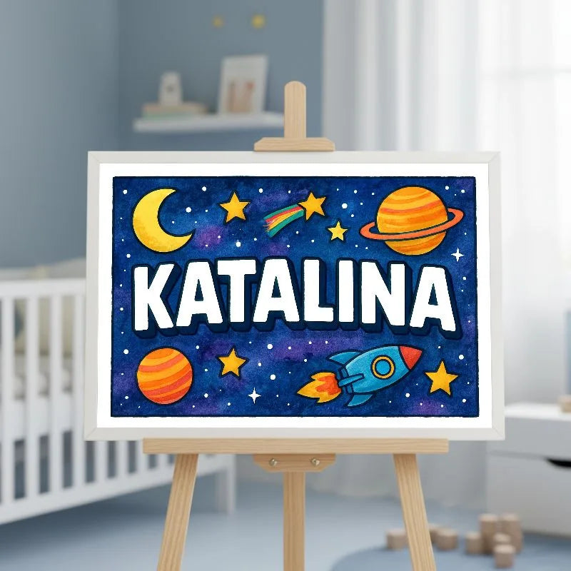 Katalina Name Art - Space Explorers personalized wall print for kids