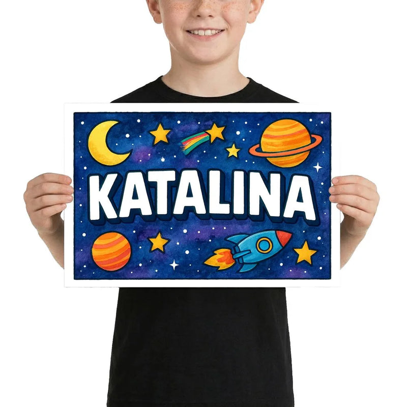 Katalina Name Art - Space Explorers personalized wall print for kids