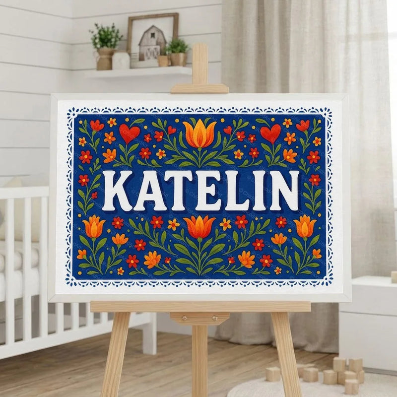 Katelin Name Art - Floral Farmhouse personalized wall print for kids