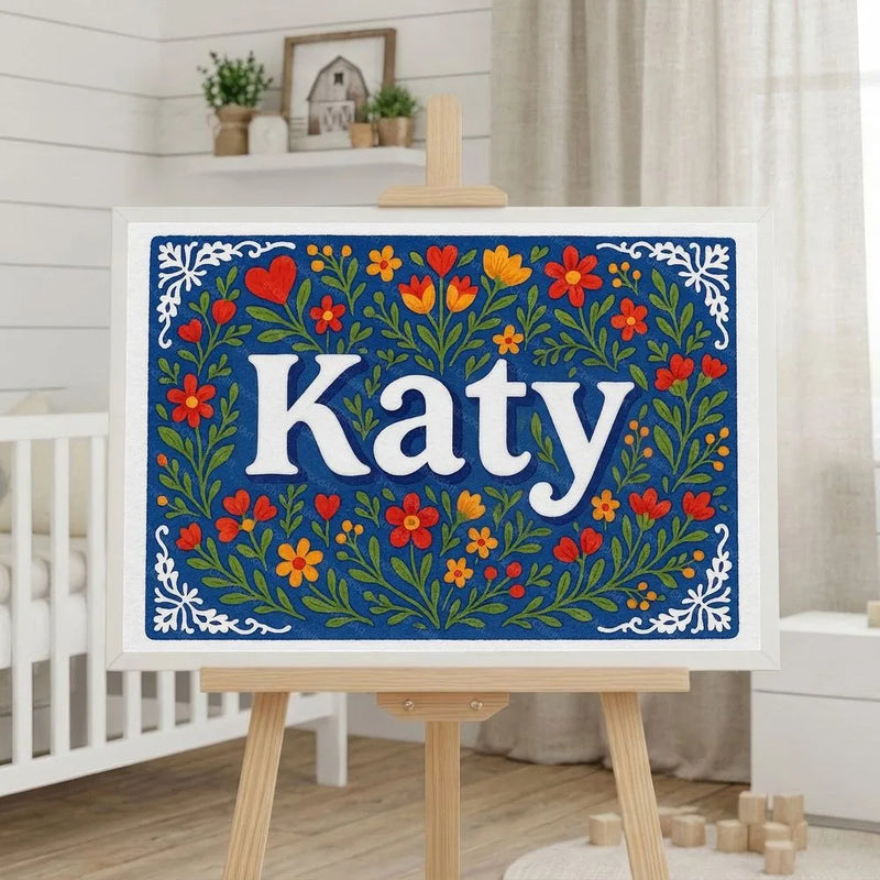 Katy Name Art - Floral Farmhouse personalized wall print for kids