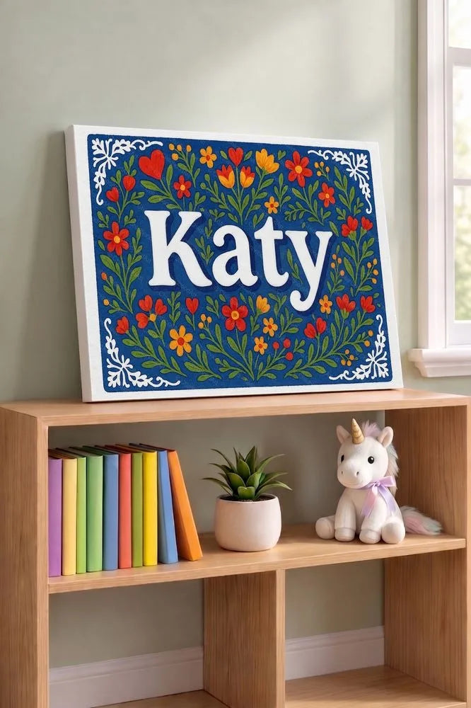 Katy Name Art - Floral Farmhouse personalized wall print for kids