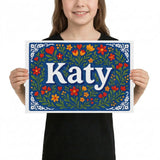 Katy Name Art - Floral Farmhouse personalized wall print for kids