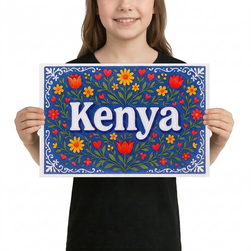 Kenya Name Art - Floral Farmhouse personalized wall print for kids
