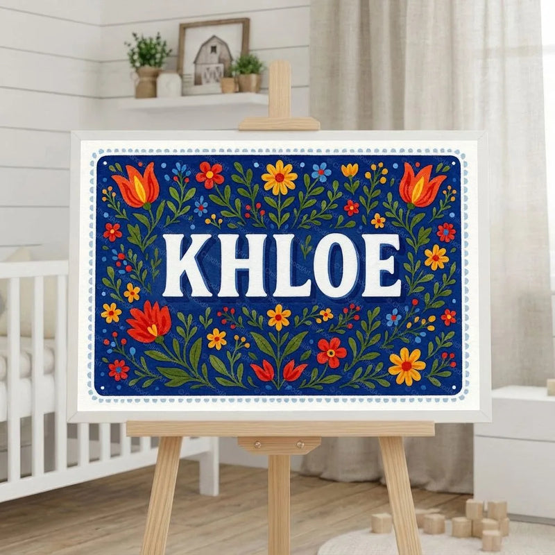 Khloe Name Art - Floral Farmhouse personalized wall print for kids