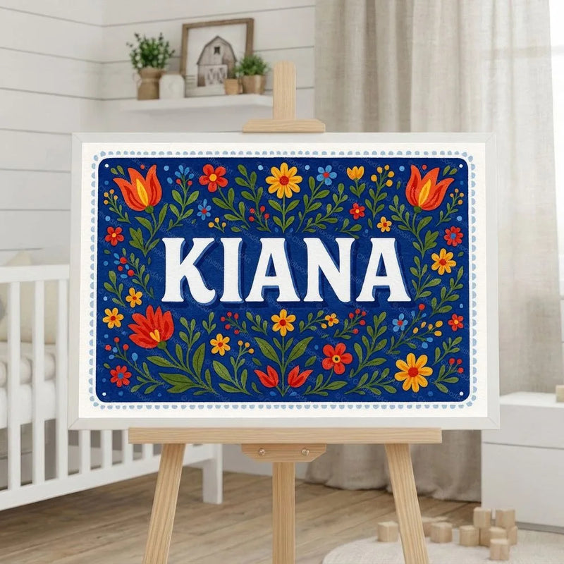 Kiana Name Art - Floral Farmhouse personalized wall print for kids