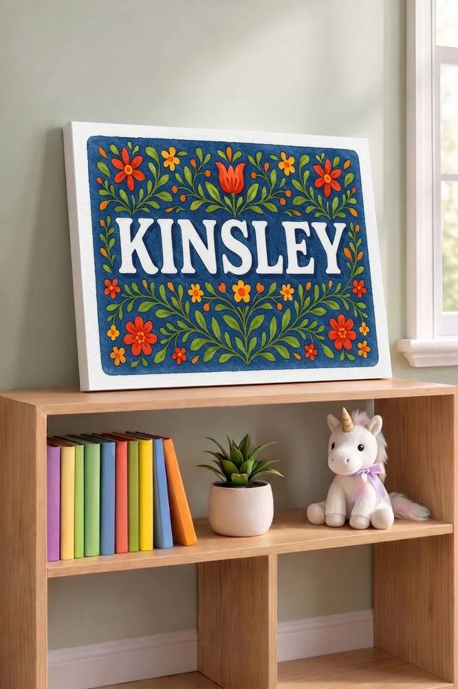 Kinsley Name Art - Floral Farmhouse personalized wall print for kids