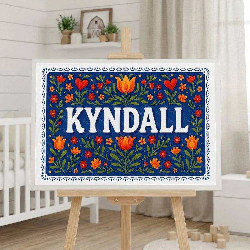 Kyndall Name Art - Floral Farmhouse personalized wall print for kids