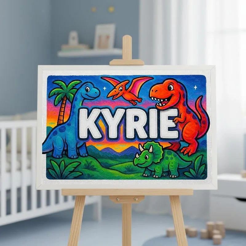 Kyrie Name Art - Dinosaur Adventure personalized wall print for kids
