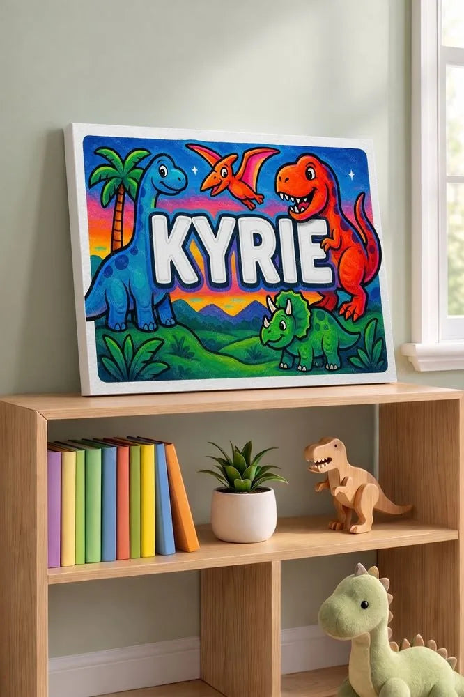 Kyrie Name Art - Dinosaur Adventure personalized wall print for kids